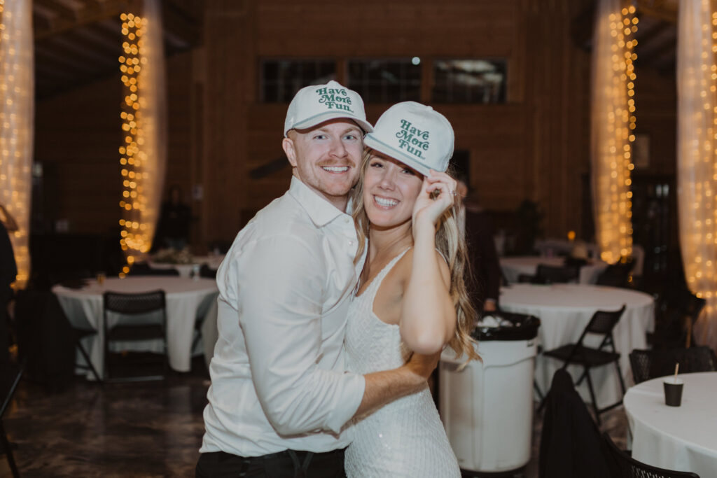 bride & groom matching hats wedding day
