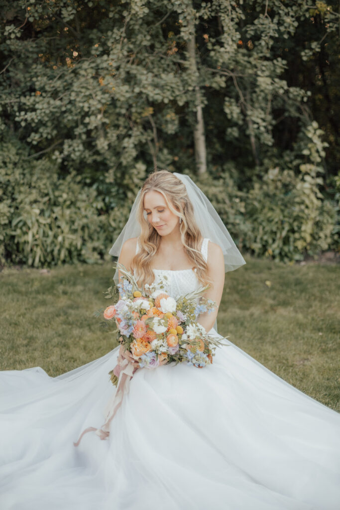 bride bouquet and dress wedding day
